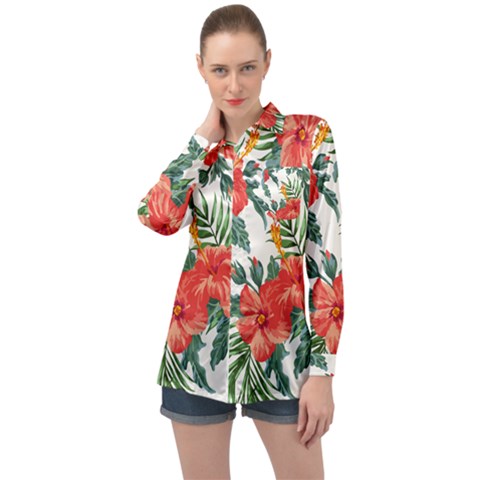 Red Flowers Long Sleeve Satin Shirt by goljakoff
