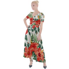 Red Flowers Button Up Short Sleeve Maxi Dress