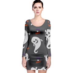 Halloween Ghost Trick Or Treat Seamless Repeat Pattern Long Sleeve Bodycon Dress by KentuckyClothing