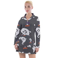 Halloween Ghost Trick Or Treat Seamless Repeat Pattern Women s Long Sleeve Casual Dress by KentuckyClothing