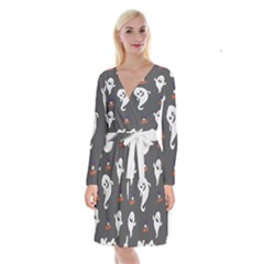 Halloween Ghost Trick Or Treat Seamless Repeat Pattern Long Sleeve Velvet Front Wrap Dress