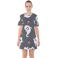 Halloween Ghost Trick Or Treat Seamless Repeat Pattern Sixties Short Sleeve Mini Dress