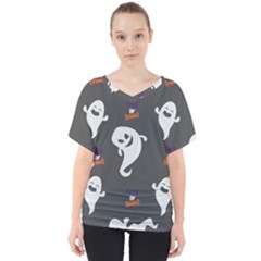 Halloween Ghost Trick Or Treat Seamless Repeat Pattern V-neck Dolman Drape Top by KentuckyClothing