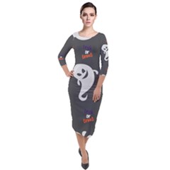 Halloween Ghost Trick Or Treat Seamless Repeat Pattern Quarter Sleeve Midi Velour Bodycon Dress by KentuckyClothing