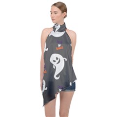 Halloween Ghost Trick Or Treat Seamless Repeat Pattern Halter Asymmetric Satin Top by KentuckyClothing