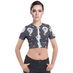 Halloween Ghost Trick Or Treat Seamless Repeat Pattern Short Sleeve Cropped Jacket