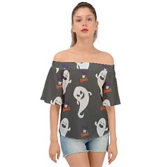 Halloween Ghost Trick Or Treat Seamless Repeat Pattern Off Shoulder Short Sleeve Top by KentuckyClothing
