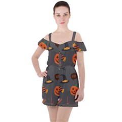 Halloween Themed Seamless Repeat Pattern Ruffle Cut Out Chiffon Playsuit by KentuckyClothing