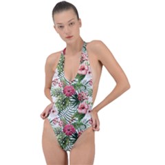 Monstera flowers pattern Backless Halter One Piece Swimsuit