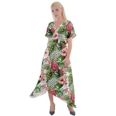 Monstera Flowers Pattern Cross Front Sharkbite Hem Maxi Dress by goljakoff