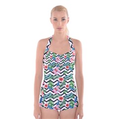 Zigzag Flowers Pattern Boyleg Halter Swimsuit  by goljakoff