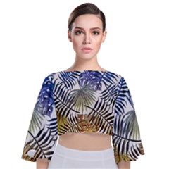 Blue And Yellow Tropical Leaves Tie Back Butterfly Sleeve Chiffon Top by goljakoff