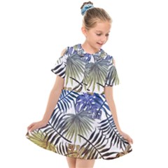 Blue And Yellow Tropical Leaves Kids  Short Sleeve Shirt Dress by goljakoff