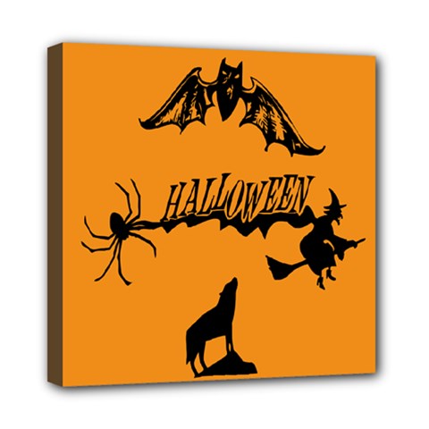 Happy Halloween Scary Funny Spooky Logo Witch On Broom Broomstick Spider Wolf Bat Black 8888 Black A Mini Canvas 8  X 8  (stretched) by HalloweenParty