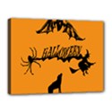 Happy Halloween Scary Funny Spooky Logo Witch On Broom Broomstick Spider Wolf Bat Black 8888 Black A Canvas 16  x 12  (Stretched) View1