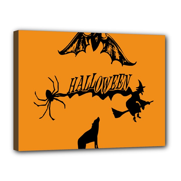 Happy Halloween Scary Funny Spooky Logo Witch On Broom Broomstick Spider Wolf Bat Black 8888 Black A Canvas 16  x 12  (Stretched)