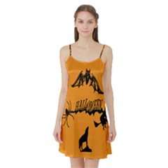 Happy Halloween Scary Funny Spooky Logo Witch On Broom Broomstick Spider Wolf Bat Black 8888 Black A Satin Night Slip by HalloweenParty