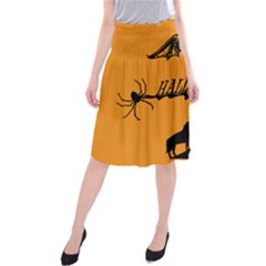 Happy Halloween Scary Funny Spooky Logo Witch On Broom Broomstick Spider Wolf Bat Black 8888 Black A Midi Beach Skirt