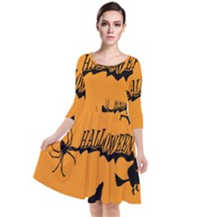 Happy Halloween Scary Funny Spooky Logo Witch On Broom Broomstick Spider Wolf Bat Black 8888 Black A Quarter Sleeve Waist Band Dress by HalloweenParty