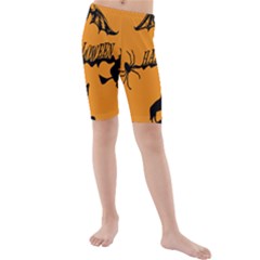 Happy Halloween Scary Funny Spooky Logo Witch On Broom Broomstick Spider Wolf Bat Black 8888 Black A Kids  Mid Length Swim Shorts by HalloweenParty