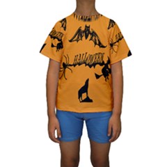 Happy Halloween Scary Funny Spooky Logo Witch On Broom Broomstick Spider Wolf Bat Black 8888 Black A Kids  Short Sleeve Swimwear by HalloweenParty