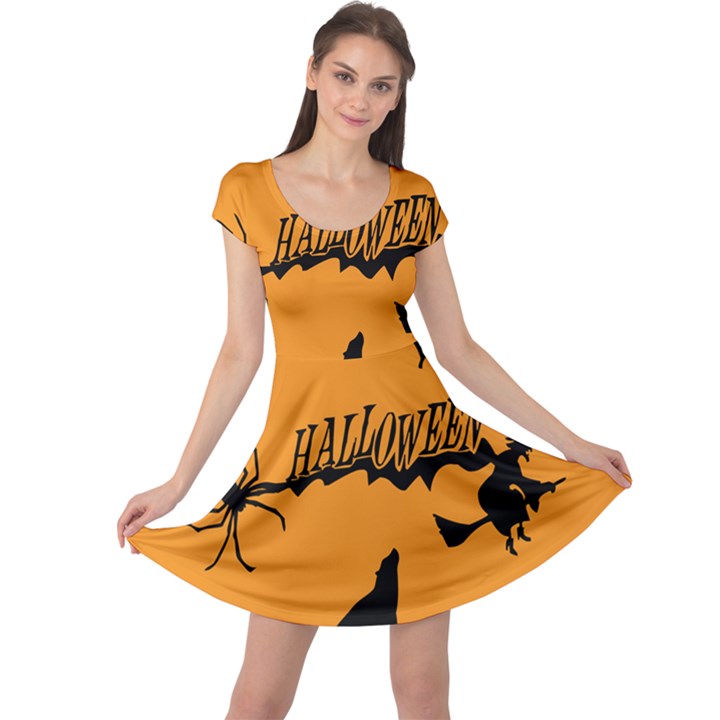 Happy Halloween Scary Funny Spooky Logo Witch On Broom Broomstick Spider Wolf Bat Black 8888 Black A Cap Sleeve Dress