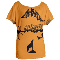 Happy Halloween Scary Funny Spooky Logo Witch On Broom Broomstick Spider Wolf Bat Black 8888 Black A Women s Oversized Tee by HalloweenParty