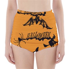 Happy Halloween Scary Funny Spooky Logo Witch On Broom Broomstick Spider Wolf Bat Black 8888 Black A High-waisted Bikini Bottoms by HalloweenParty