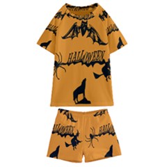 Happy Halloween Scary Funny Spooky Logo Witch On Broom Broomstick Spider Wolf Bat Black 8888 Black A Kids  Swim Tee And Shorts Set by HalloweenParty