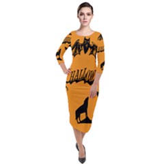 Happy Halloween Scary Funny Spooky Logo Witch On Broom Broomstick Spider Wolf Bat Black 8888 Black A Quarter Sleeve Midi Velour Bodycon Dress by HalloweenParty