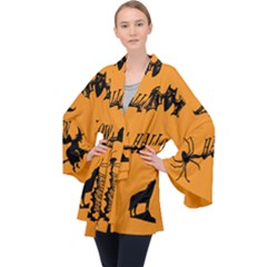 Happy Halloween Scary Funny Spooky Logo Witch On Broom Broomstick Spider Wolf Bat Black 8888 Black A Long Sleeve Velvet Kimono  by HalloweenParty