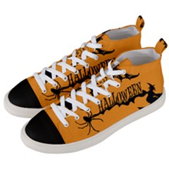 Happy Halloween Scary Funny Spooky Logo Witch On Broom Broomstick Spider Wolf Bat Black 8888 Black A Men s Mid-top Canvas Sneakers by HalloweenParty