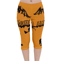 Happy Halloween Scary Funny Spooky Logo Witch On Broom Broomstick Spider Wolf Bat Black 8888 Black A Velvet Capri Leggings  by HalloweenParty