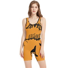 Happy Halloween Scary Funny Spooky Logo Witch On Broom Broomstick Spider Wolf Bat Black 8888 Black A Women s Wrestling Singlet by HalloweenParty