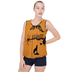 Happy Halloween Scary Funny Spooky Logo Witch On Broom Broomstick Spider Wolf Bat Black 8888 Black A Bubble Hem Chiffon Tank Top by HalloweenParty