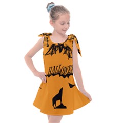 Happy Halloween Scary Funny Spooky Logo Witch On Broom Broomstick Spider Wolf Bat Black 8888 Black A Kids  Tie Up Tunic Dress by HalloweenParty