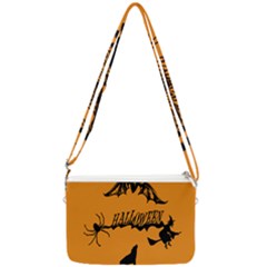 Happy Halloween Scary Funny Spooky Logo Witch On Broom Broomstick Spider Wolf Bat Black 8888 Black A Double Gusset Crossbody Bag by HalloweenParty