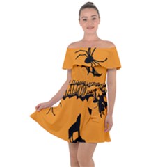 Happy Halloween Scary Funny Spooky Logo Witch On Broom Broomstick Spider Wolf Bat Black 8888 Black A Off Shoulder Velour Dress by HalloweenParty