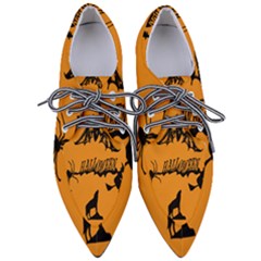 Happy Halloween Scary Funny Spooky Logo Witch On Broom Broomstick Spider Wolf Bat Black 8888 Black A Pointed Oxford Shoes by HalloweenParty