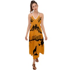 Happy Halloween Scary Funny Spooky Logo Witch On Broom Broomstick Spider Wolf Bat Black 8888 Black A Halter Tie Back Dress  by HalloweenParty