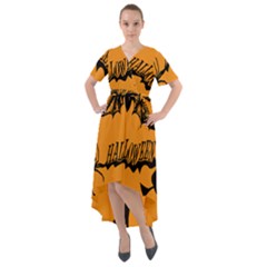 Happy Halloween Scary Funny Spooky Logo Witch On Broom Broomstick Spider Wolf Bat Black 8888 Black A Front Wrap High Low Dress by HalloweenParty