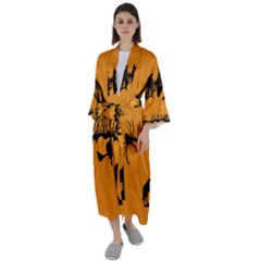 Happy Halloween Scary Funny Spooky Logo Witch On Broom Broomstick Spider Wolf Bat Black 8888 Black A Maxi Satin Kimono
