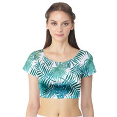 Blue Tropical Leaves Short Sleeve Crop Top by goljakoff