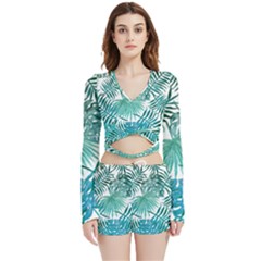 Blue Tropical Leaves Velvet Wrap Crop Top And Shorts Set by goljakoff