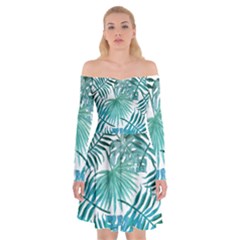 Blue Tropical Leaves Off Shoulder Skater Dress by goljakoff