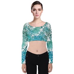 Blue Tropical Leaves Velvet Long Sleeve Crop Top by goljakoff