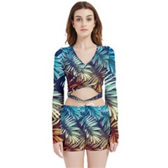 Tropic Leaves Velvet Wrap Crop Top And Shorts Set by goljakoff