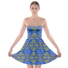 Gold And Blue Fancy Ornate Pattern Strapless Bra Top Dress by dflcprintsclothing