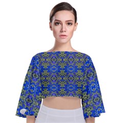 Gold And Blue Fancy Ornate Pattern Tie Back Butterfly Sleeve Chiffon Top by dflcprintsclothing