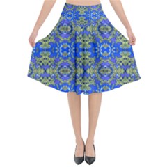 Gold And Blue Fancy Ornate Pattern Flared Midi Skirt